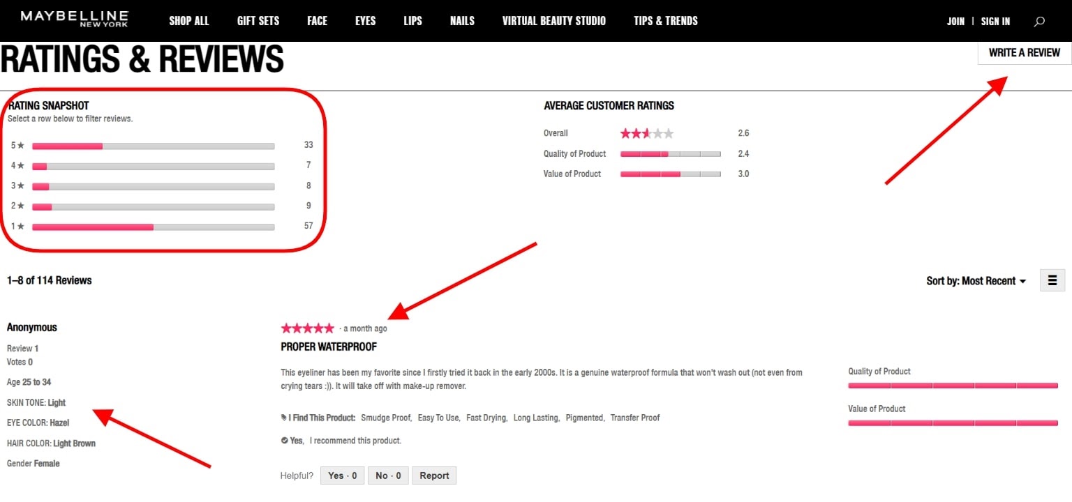 Product reviews area on the official Maybelline New York website