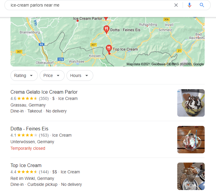 Google business profile search results